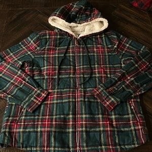 Red and green plaid print L.L. Bean princess Mary relaxed fit zipper hoodie